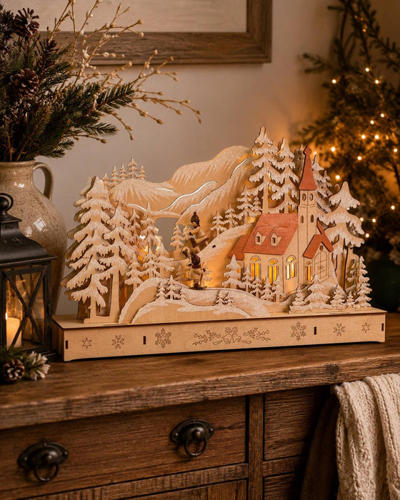3D Weihnachtslandschaft | Thüringer Holzkunst mit LED | Natur | 44×8×29 cm | 76039