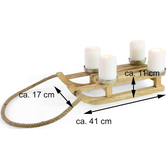 Holz Deko-Schlitten mit 4 Adventskerzenhaltern 41 x 11 cm | 24743 - Adventskranz
