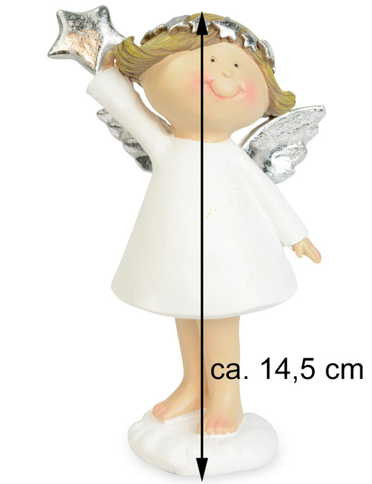 Dekofigur Engel "Carina" mit Stern Weiß Silber 14,5 cm | 70493 - Adventsdekoration