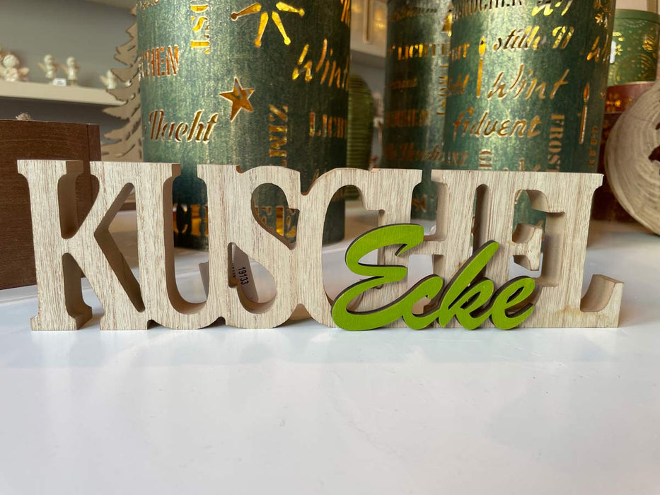 Deko Schriftzug "KuschelEcke" 29 x 8 cm Natur Grün | 19133 - Holz Dekoration