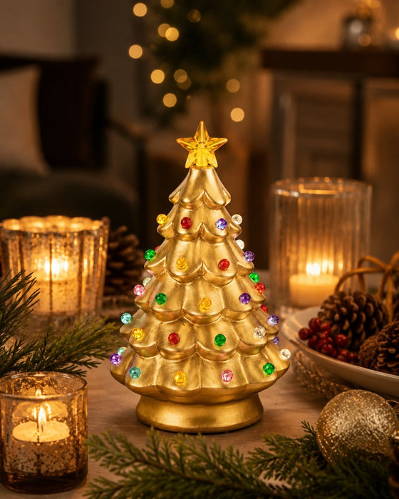 Deko-Weihnachtsbaum mit LED | Gold | Keramik mit Sternspitze | 11,5×18 cm | 12297