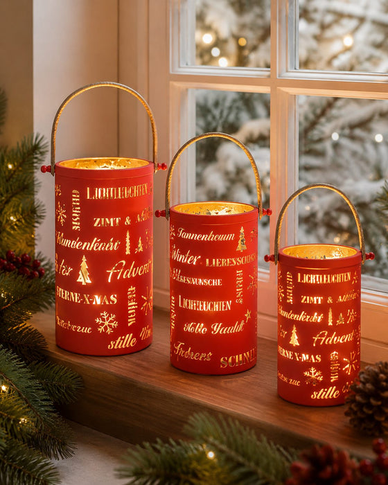 Laternen-Set mit weihnachtlichen Schriftzügen | Rot Gold | 3er Set mit Henkel | 19183