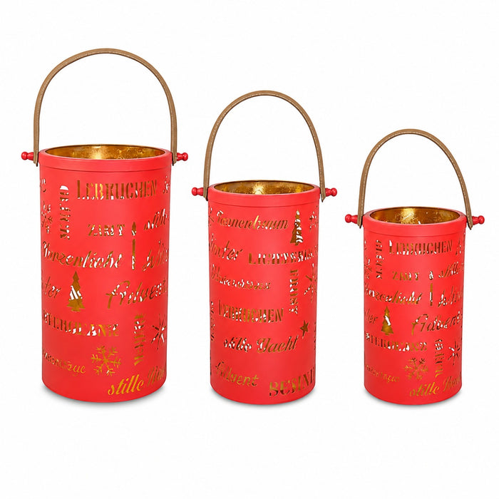Laternen-Set mit weihnachtlichen Schriftzügen | Rot Gold | 3er Set mit Henkel | 19183