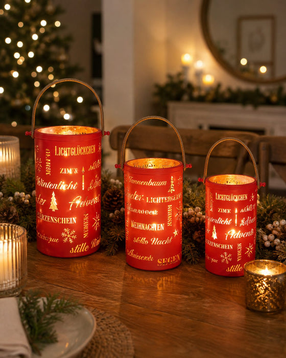 Laternen-Set mit weihnachtlichen Schriftzügen | Rot Gold | 3er Set mit Henkel | 19183
