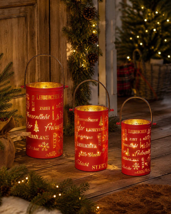 Laternen-Set mit weihnachtlichen Schriftzügen | Rot Gold | 3er Set mit Henkel | 19183