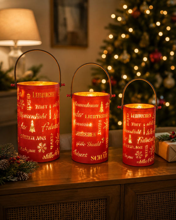 Laternen-Set mit weihnachtlichen Schriftzügen | Rot Gold | 3er Set mit Henkel | 19183