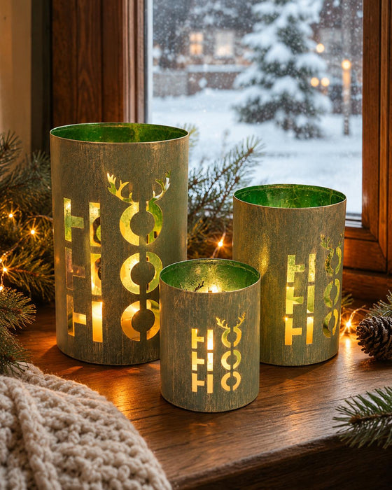 Laternen 3er Set "HoHoHo" | Grün | Metall | Verschiedene Größen bis 20×12,5 cm | 13435