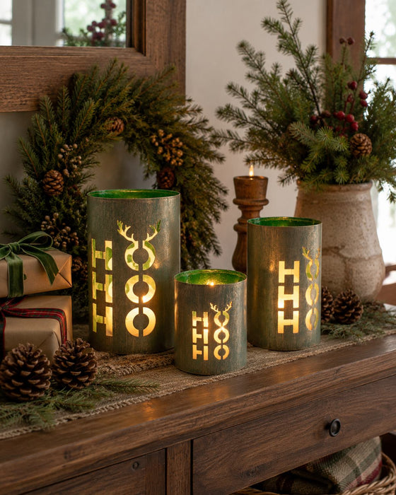 Laternen 3er Set "HoHoHo" | Grün | Metall | Verschiedene Größen bis 20×12,5 cm | 13435