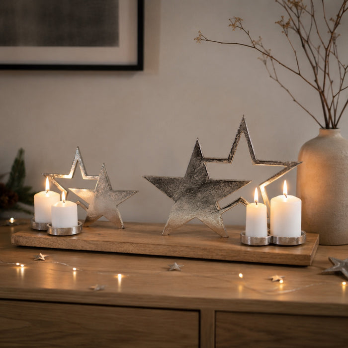 XL Holz Adventskerzenhalter mit Sternen - Silber 68x20x30 cm | 24614 - Adventskranz
