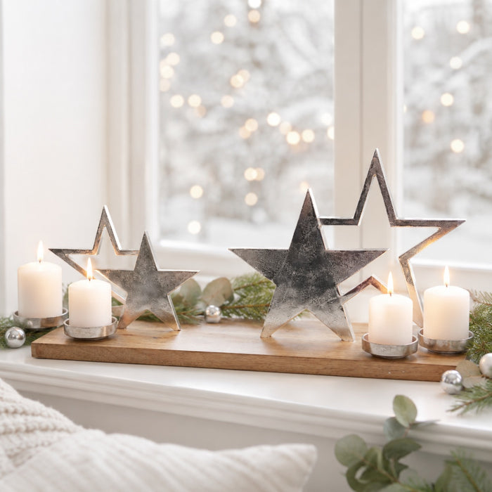 XL Holz Adventskerzenhalter mit Sternen - Silber 68x20x30 cm | 24614 - Adventskranz
