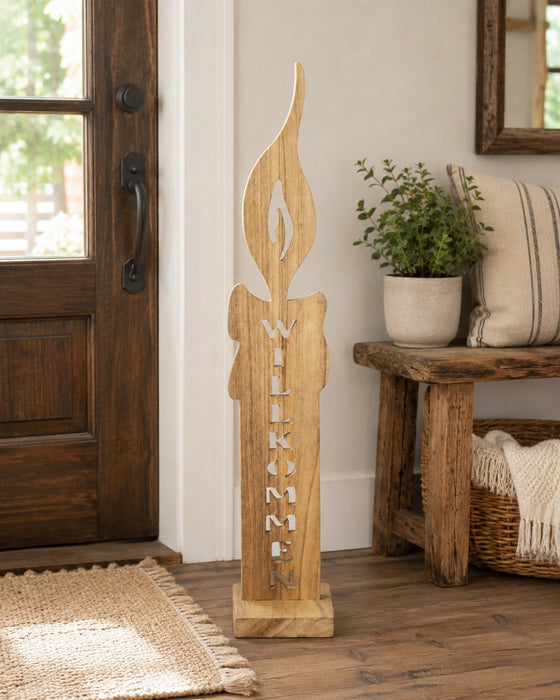 Deko-Kerze "Willkommen" aus Holz | Natur | 96×16 cm | Große Holzsäule 13155