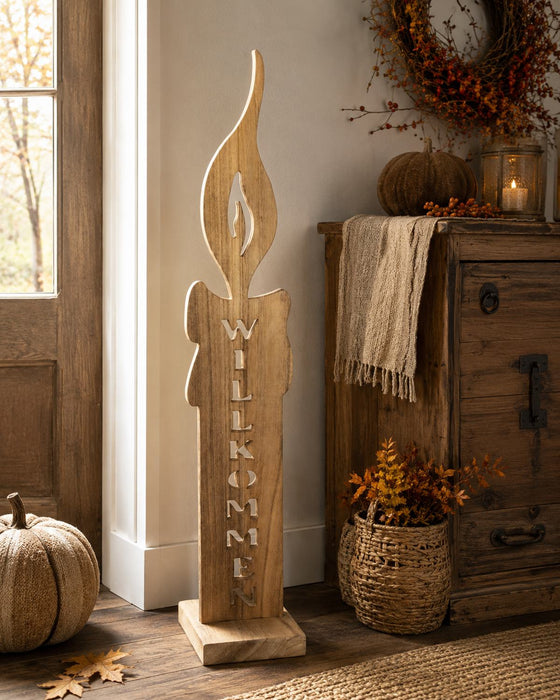 Deko-Kerze "Willkommen" aus Holz | Natur | 96×16 cm | Große Holzsäule 13155