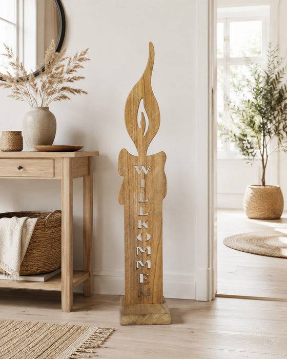 Deko-Kerze "Willkommen" aus Holz | Natur | 96×16 cm | Große Holzsäule 13155