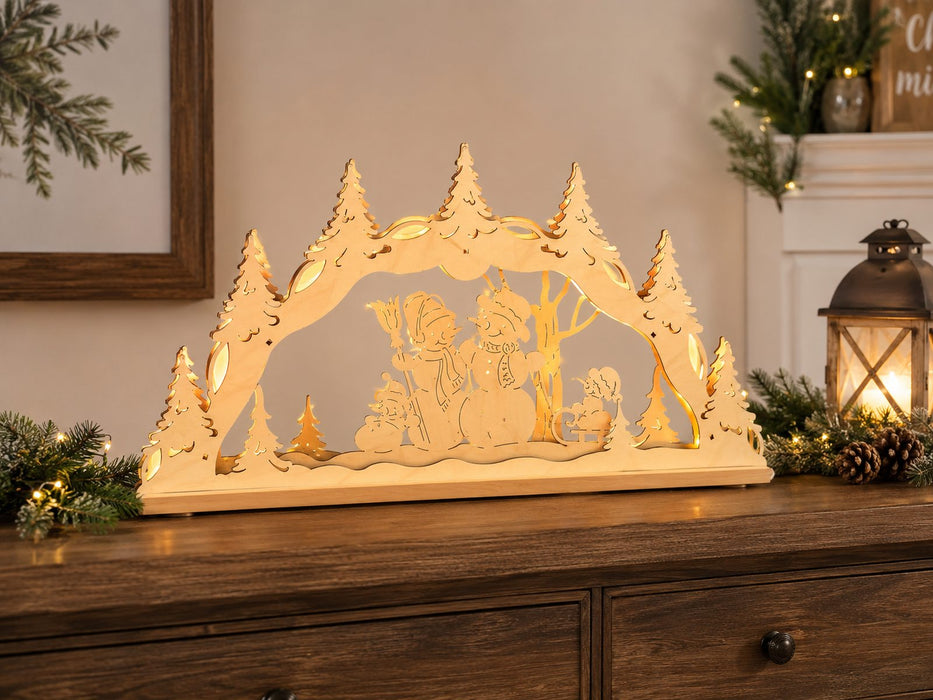 Original Erzgebirge Holz Lichterbogen "Schneemannfamilie" 55 cm | 13000 - Schwibbogen