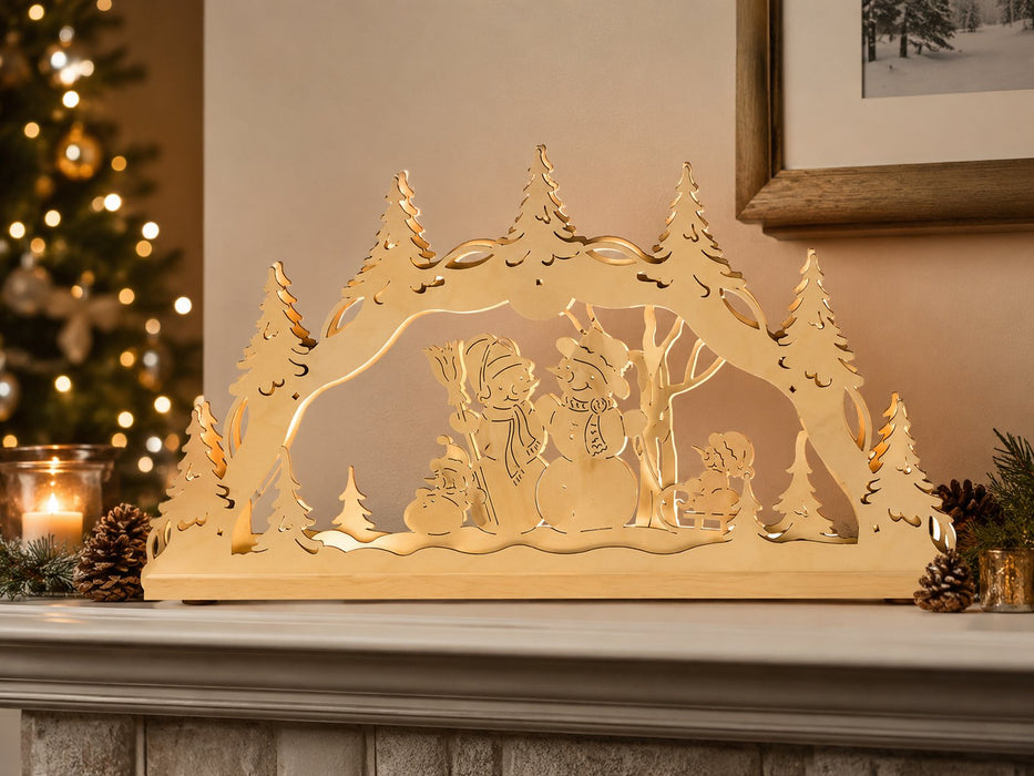 Original Erzgebirge Holz Lichterbogen "Schneemannfamilie" 55 cm | 13000 - Schwibbogen