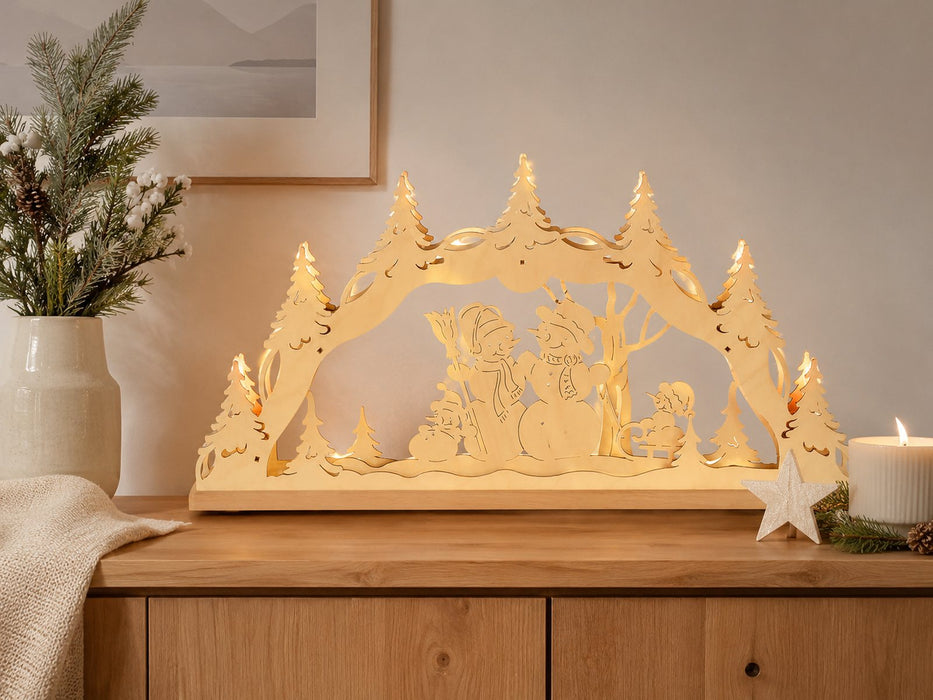 Original Erzgebirge Holz Lichterbogen "Schneemannfamilie" 55 cm | 13000 - Schwibbogen