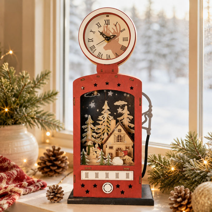 Weihnachtsdeko Retro-Zapfsäule mit Uhr & LED | Holz Rot | 14×40 cm | 76206