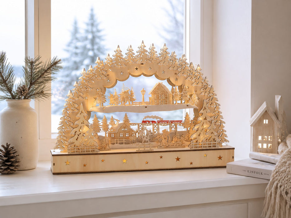 Schwibbogen "Dorflandschaft mit Zug" 45 x 32 cm - LED Fensterleuchter mit Timer | 76119