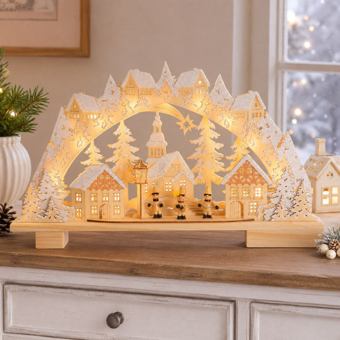 Riffelmacher LED Schwibbogen "Kurrendesänger im Dorf" 45 x 27 cm - 76242 | Natur Weiß