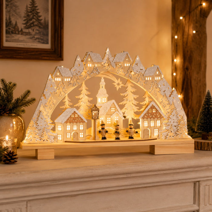 Riffelmacher LED Schwibbogen "Kurrendesänger im Dorf" 45 x 27 cm - 76242 | Natur Weiß