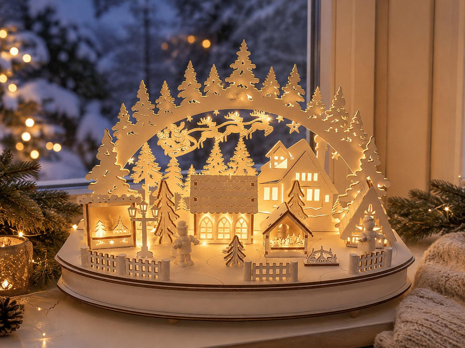 Riffelmacher LED Schwibbogen "Weihnachtsmarkt" mit Timer 36 x 25cm - 76516 | Weiß