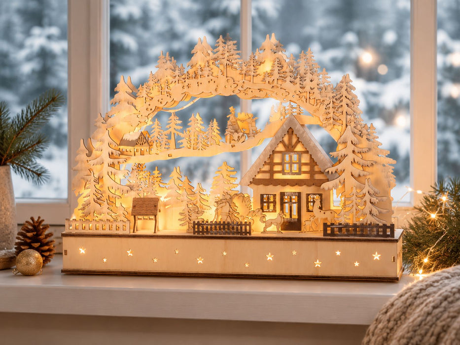 LED Schwibbogen "Winterkinder mit Landhaus" 40 x 29 cm | 76118 Natur - Holz Lichterbogen
