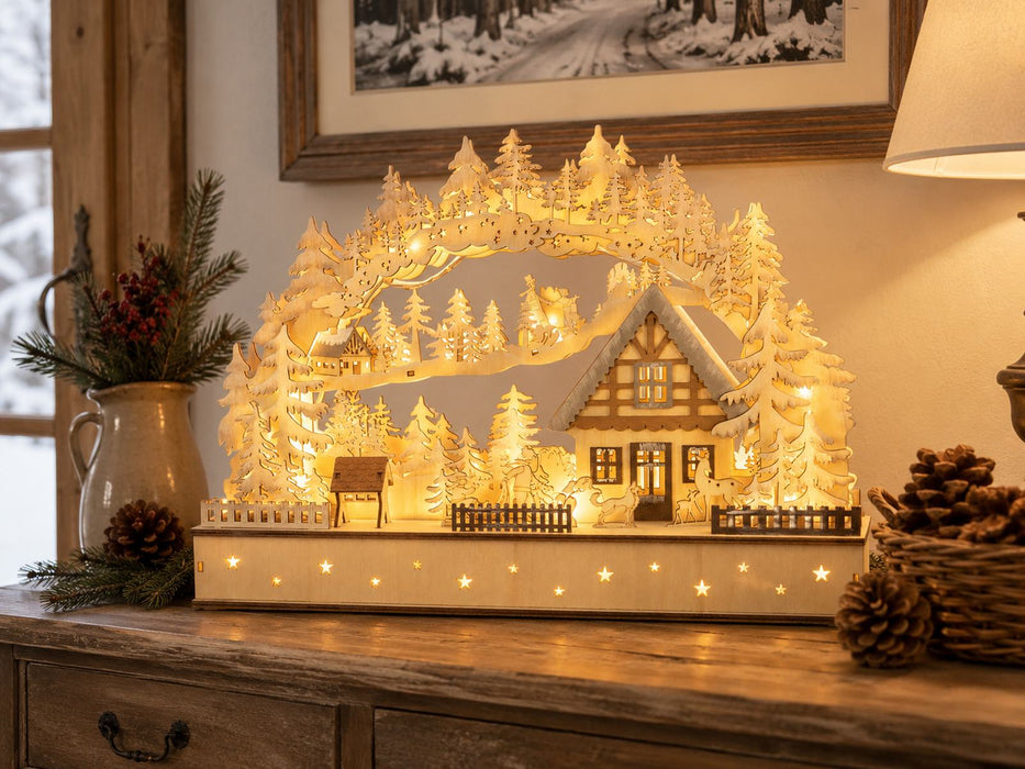 LED Schwibbogen "Winterkinder mit Landhaus" 40 x 29 cm | 76118 Natur - Holz Lichterbogen