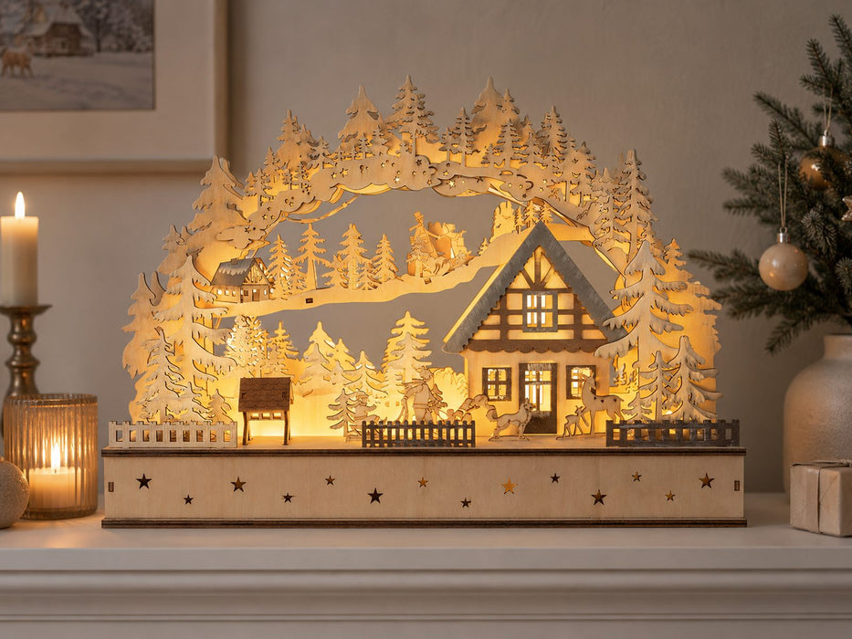 LED Schwibbogen "Winterkinder mit Landhaus" 40 x 29 cm | 76118 Natur - Holz Lichterbogen