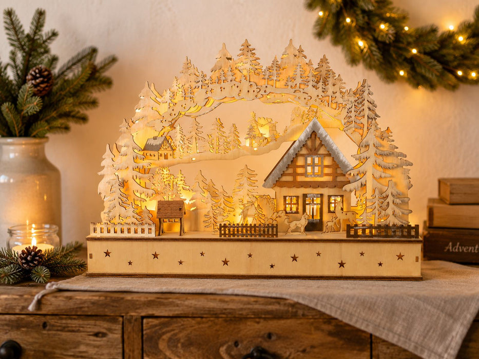 LED Schwibbogen "Winterkinder mit Landhaus" 40 x 29 cm | 76118 Natur - Holz Lichterbogen
