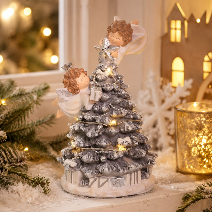 Dekofigur Beleuchteter Weihnachtsbaum mit Engeln 18,5 cm - 74849 | Silber