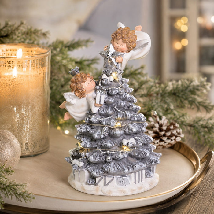 Dekofigur Beleuchteter Weihnachtsbaum mit Engeln 18,5 cm - 74849 | Silber