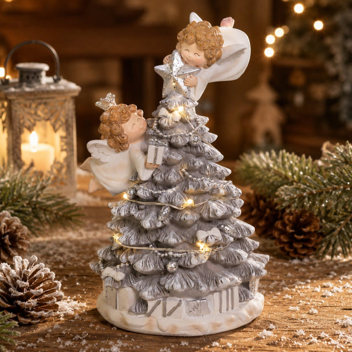 Dekofigur Beleuchteter Weihnachtsbaum mit Engeln 18,5 cm - 74849 | Silber