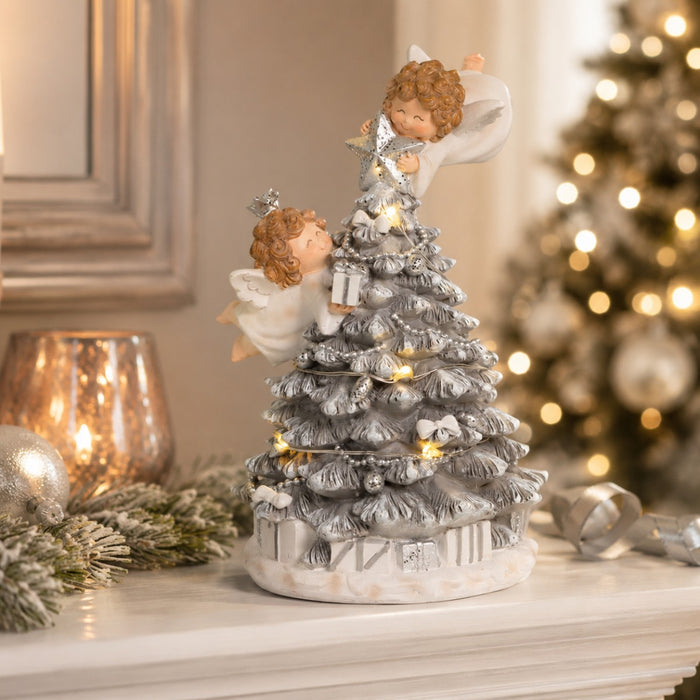 Dekofigur Beleuchteter Weihnachtsbaum mit Engeln 18,5 cm - 74849 | Silber