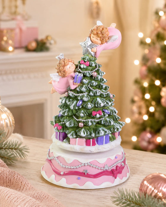 Spieluhr Weihnachtsbaum mit Engeln 18 cm | Rosa | Spielt Stille Nacht, Heilige Nacht
