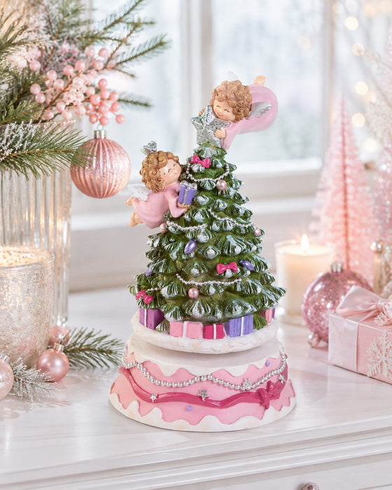 Spieluhr Weihnachtsbaum mit Engeln 18 cm | Rosa | Spielt Stille Nacht, Heilige Nacht