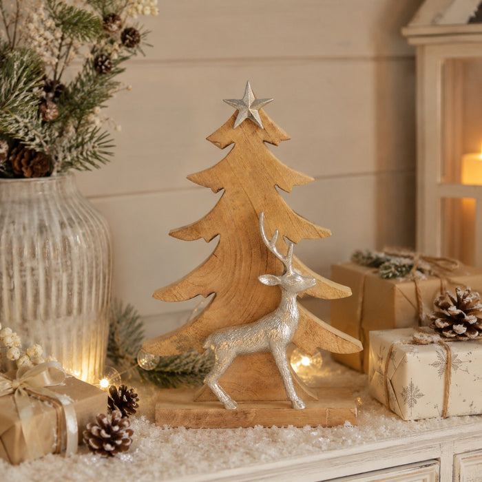 Riffelmacher Deko Weihnachtsbaum mit Hirsch 74553 - Mangoholz Aluminium - Natur Silber - 39,5 x 24,5