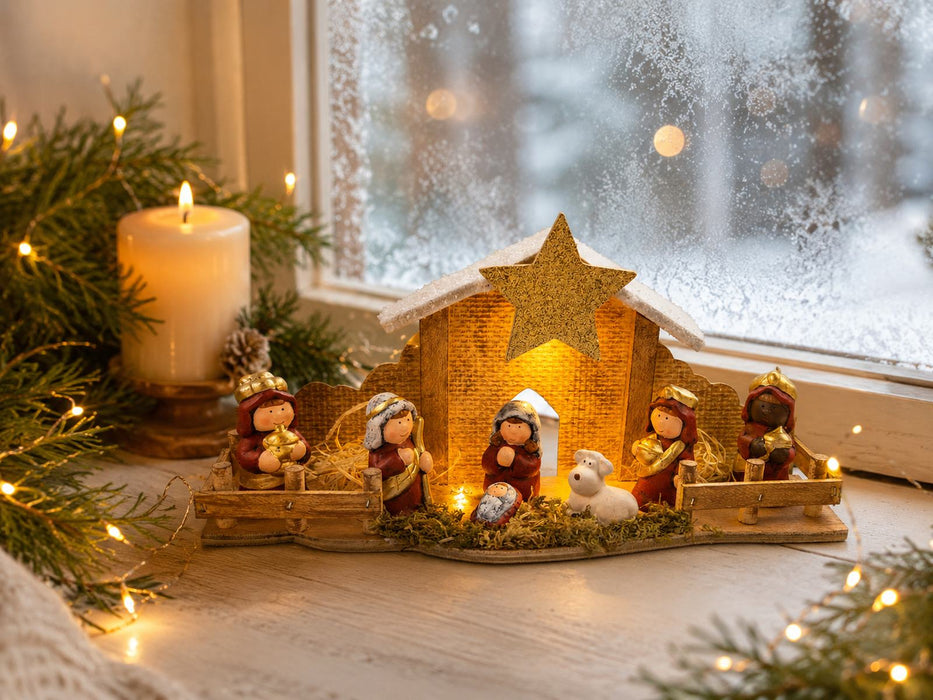 Kinderkrippe Weihnachtskrippe mit LED Beleuchtung | Weihnachtsdeko mit Heilige Familie | 12476