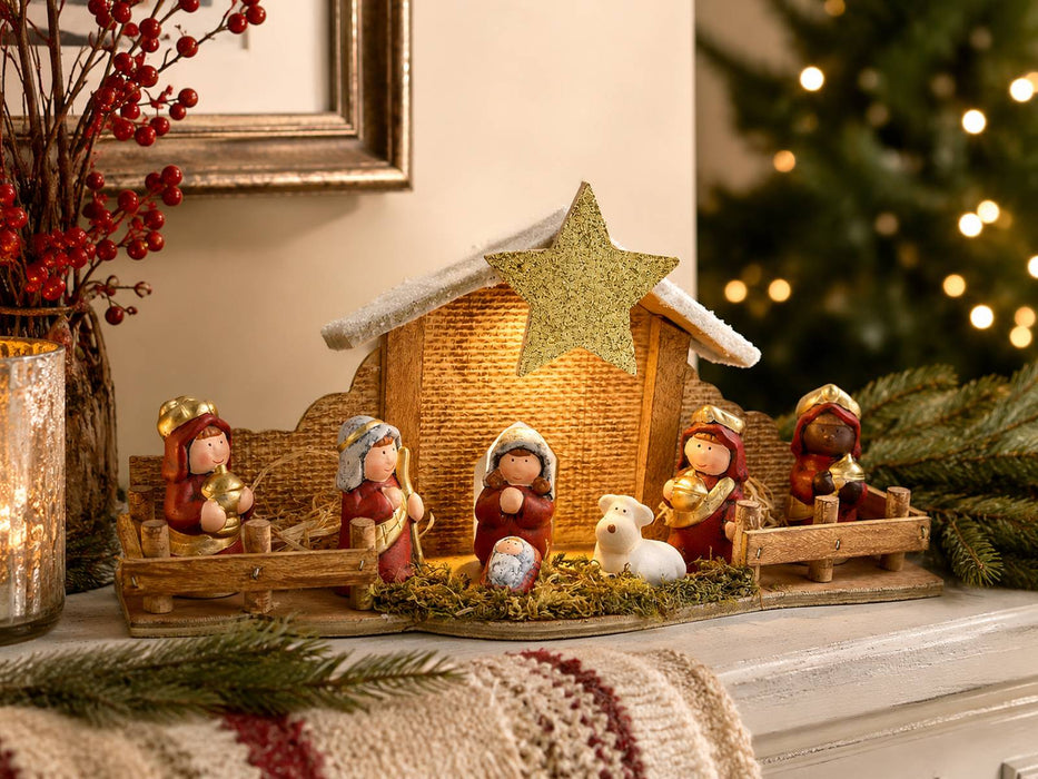 Kinderkrippe Weihnachtskrippe mit LED Beleuchtung | Weihnachtsdeko mit Heilige Familie | 12476