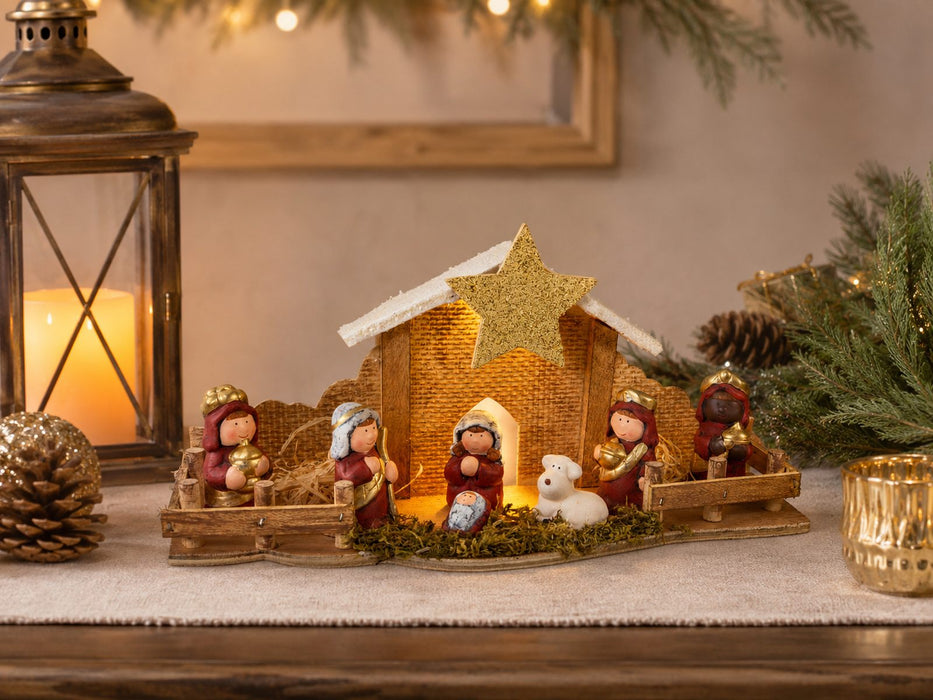 Kinderkrippe Weihnachtskrippe mit LED Beleuchtung | Weihnachtsdeko mit Heilige Familie | 12476