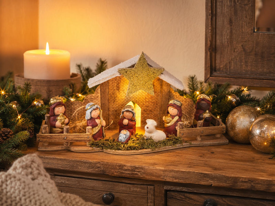 Kinderkrippe Weihnachtskrippe mit LED Beleuchtung | Weihnachtsdeko mit Heilige Familie | 12476