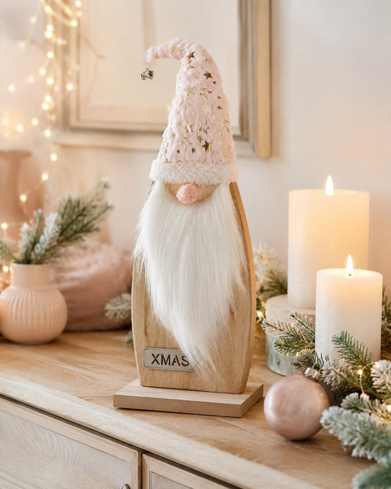 Weihnachtsmann Figur | Holz Rosa mit Stoffmütze | 14×40 cm | 74344