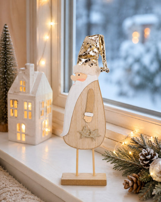 Weihnachtsmann Santa stehend | Holz mit Goldmütze | 10x36 cm