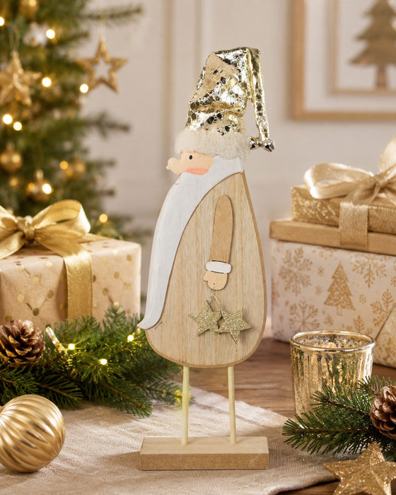 Weihnachtsmann Santa stehend | Holz mit Goldmütze | 10x36 cm