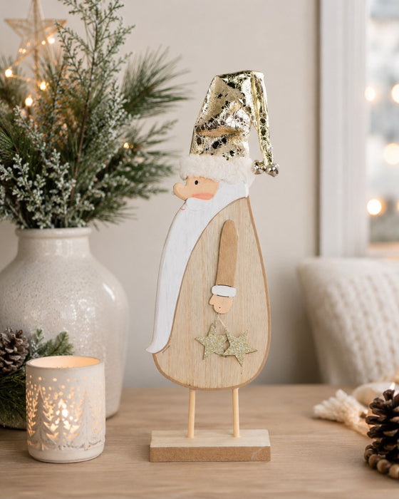 Weihnachtsmann Santa stehend | Holz mit Goldmütze | 10x36 cm