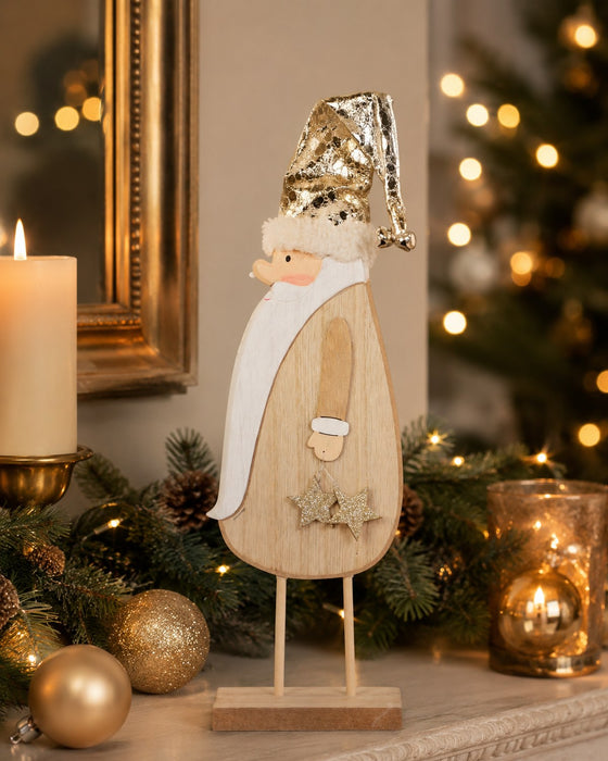 Weihnachtsmann Santa stehend | Holz mit Goldmütze | 10x36 cm