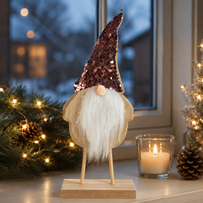 Weihnachtsmann Figur mit Paillettenmütze | Natur Rosa | Holz 11×27 cm | 74334