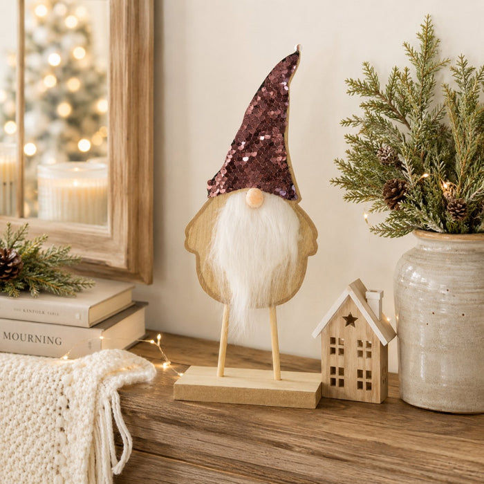 Weihnachtsmann Figur mit Paillettenmütze | Natur Rosa | Holz 11×27 cm | 74334