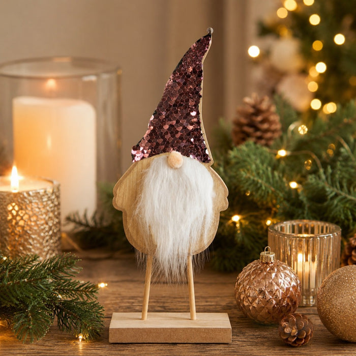 Weihnachtsmann Figur mit Paillettenmütze | Natur Rosa | Holz 11×27 cm | 74334
