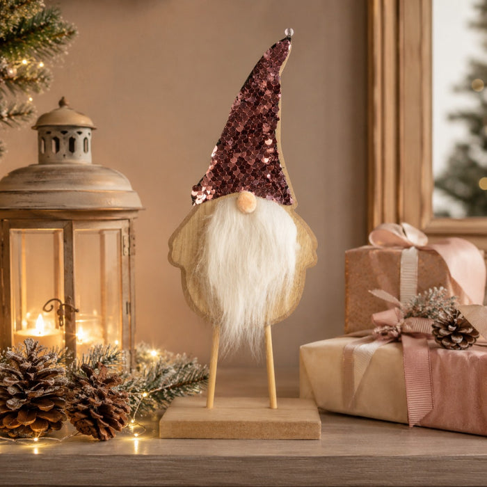 Weihnachtsmann Figur mit Paillettenmütze | Natur Rosa | Holz 11×27 cm | 74334