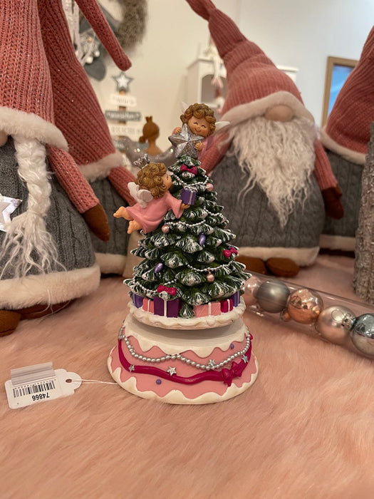 Spieluhr Weihnachtsbaum mit Engeln 18 cm | Rosa | Spielt Stille Nacht, Heilige Nacht